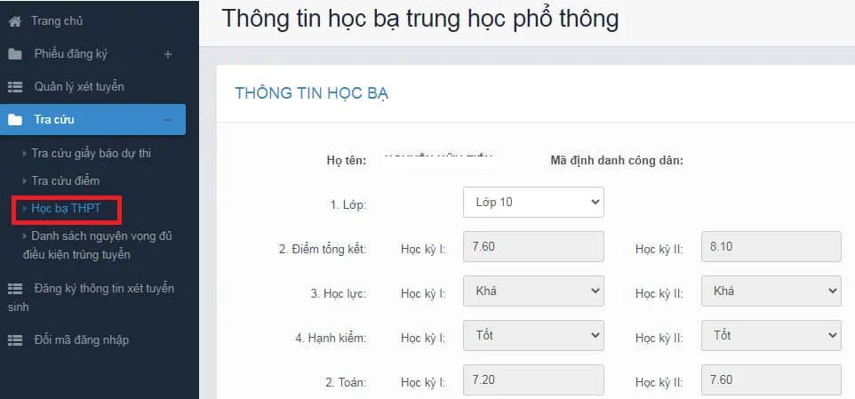 Vào mục “Tra cứu” và chọn “Học bạ THPT”