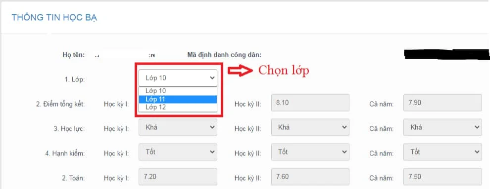 Kiểm tra điểm học bạ theo từng năm học