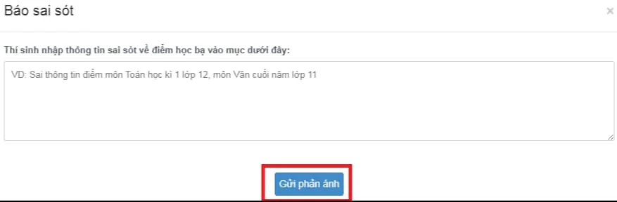 Nhập nội dung sai sót và gửi phản ánh