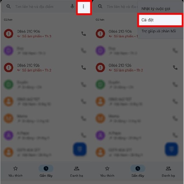Chọn dấu 3 chấm rồi click vào cài đặt trong tiện ích điện thoại