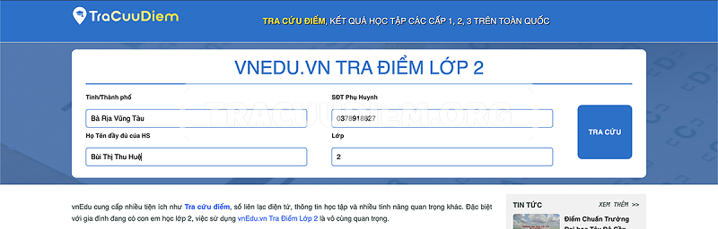 vnEdu Tra Điểm Lớp 2