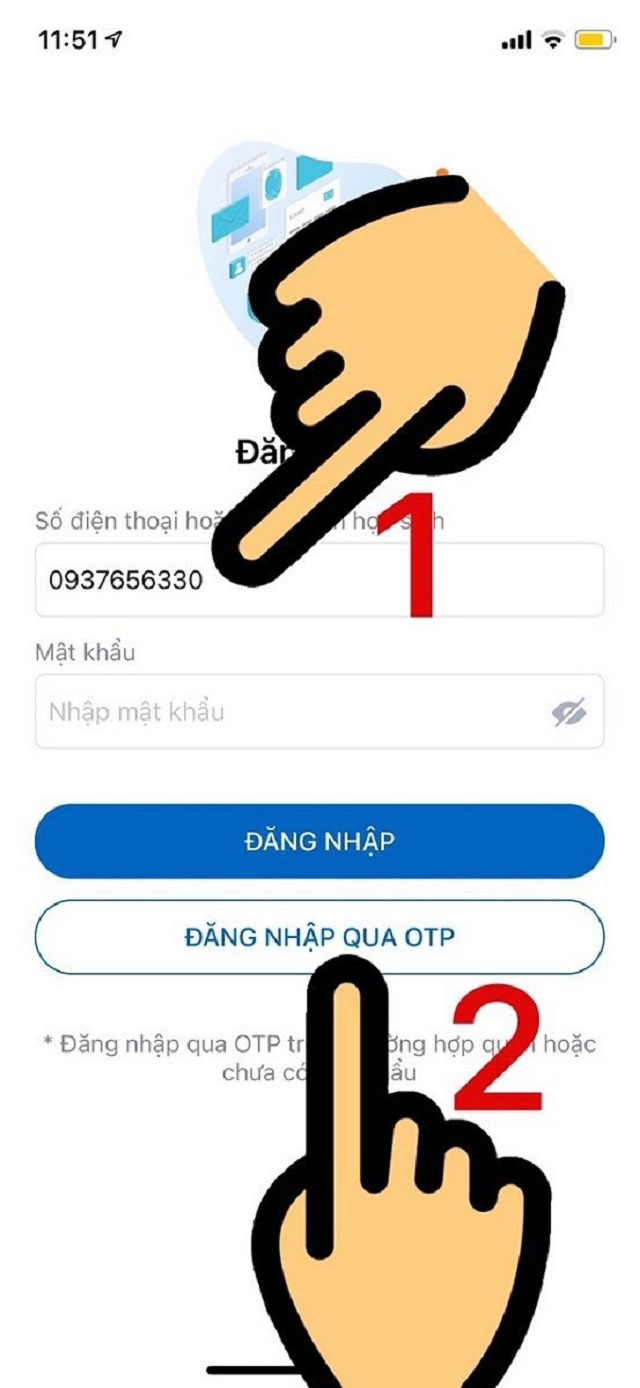 Mở ứng dụng và chọn đăng nhập qua OTP