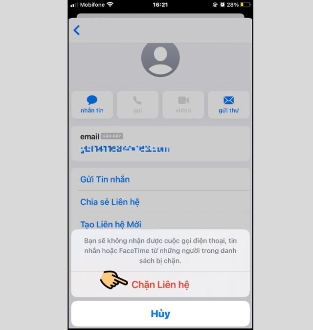 Xác nhân chặn liên hệ khi có thông báo hiển thị